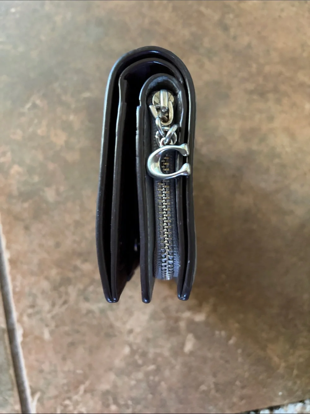 Coach Silver Pebble Leather Compact Wallet with Gold Logo